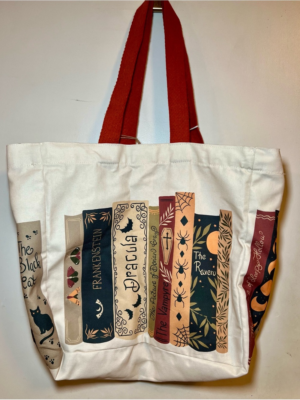Halloween Spooky Books Canvas Tote Bag Frankenstein Dracula Raven Black Cat